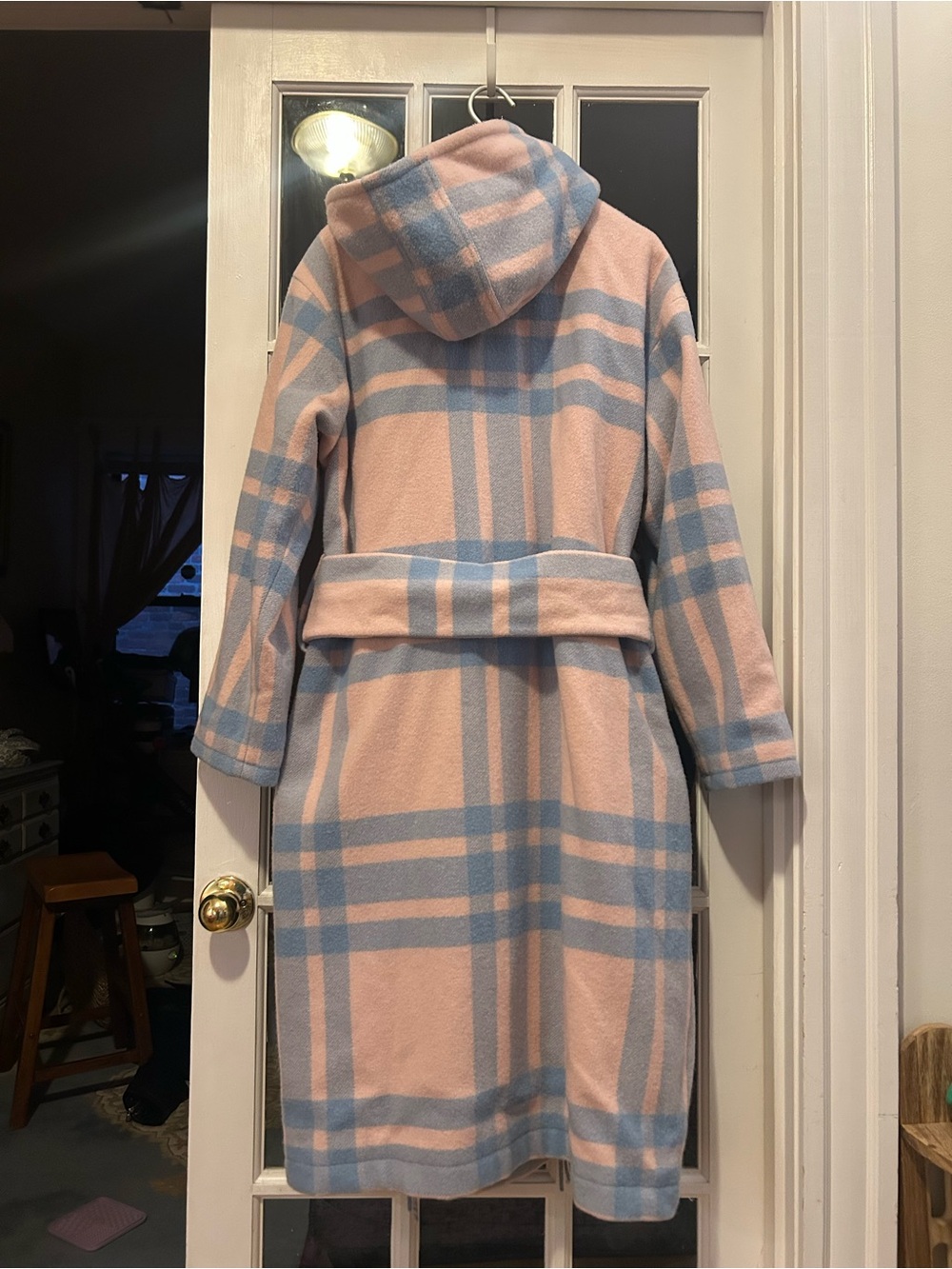 LoveShackFancy Pink and Blue Plaid Hooded Double-Breasted Pea Coat - Picture 2 of 4